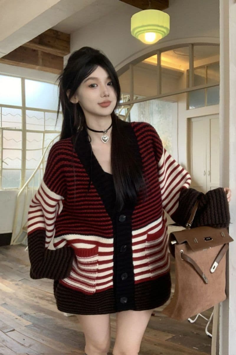 2026 새로운 레트로 앤 코라 빨간색 스트라이프 오픈 가디건 스웨터 여자 느긋한 바람 루즈핏 니트 스웨터 긴팔 재킷 이미지 4