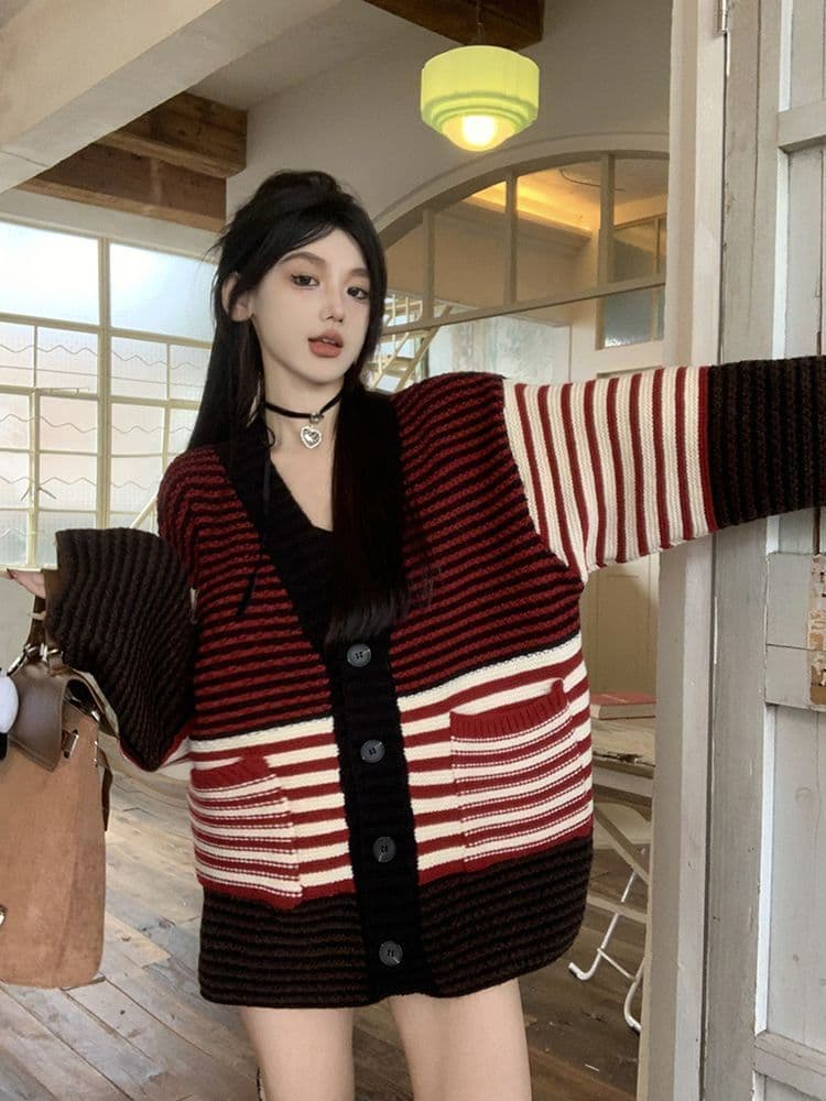 2026 새로운 레트로 앤 코라 빨간색 스트라이프 오픈 가디건 스웨터 여자 느긋한 바람 루즈핏 니트 스웨터 긴팔 재킷 상세 이미지 4