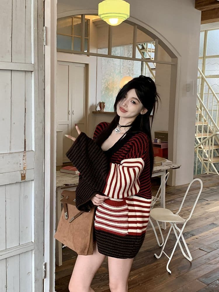 2026 새로운 레트로 앤 코라 빨간색 스트라이프 오픈 가디건 스웨터 여자 느긋한 바람 루즈핏 니트 스웨터 긴팔 재킷 상세 이미지 11