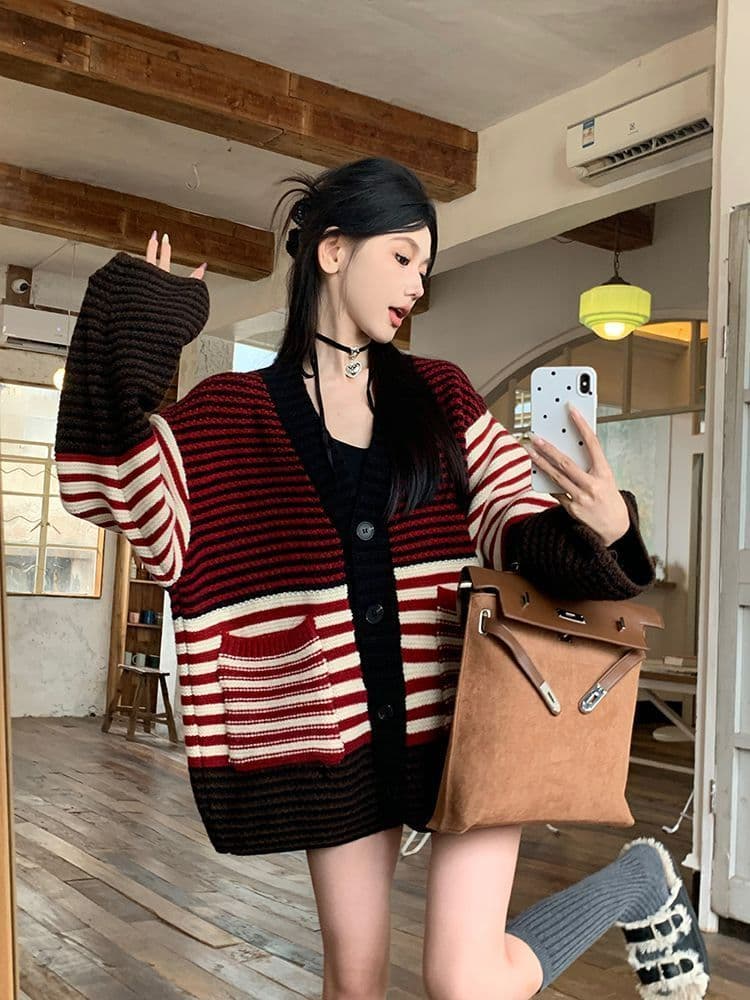 2026 새로운 레트로 앤 코라 빨간색 스트라이프 오픈 가디건 스웨터 여자 느긋한 바람 루즈핏 니트 스웨터 긴팔 재킷 상세 이미지 13