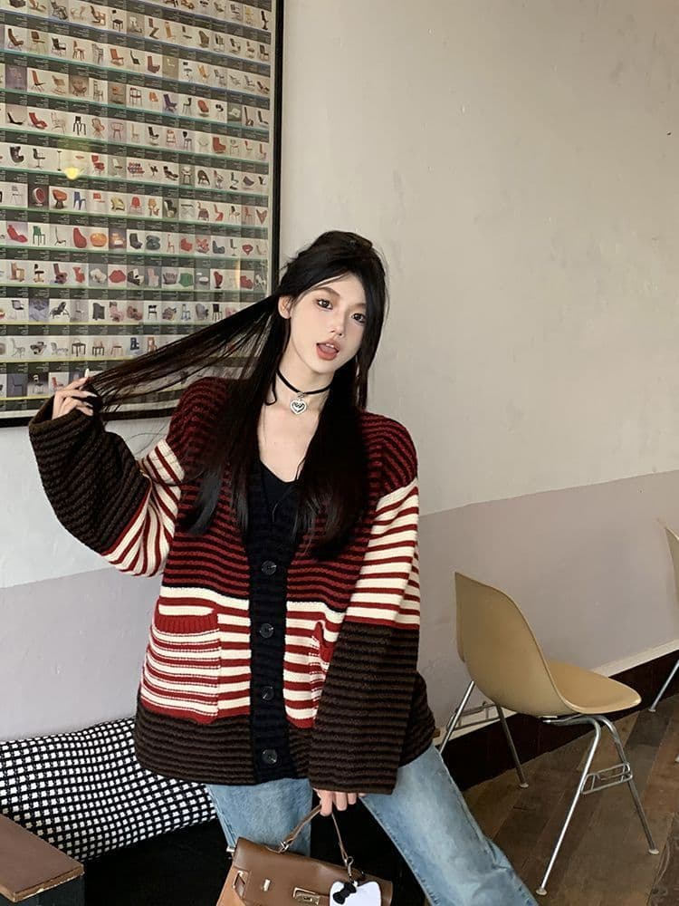 2026 새로운 레트로 앤 코라 빨간색 스트라이프 오픈 가디건 스웨터 여자 느긋한 바람 루즈핏 니트 스웨터 긴팔 재킷 상세 이미지 14