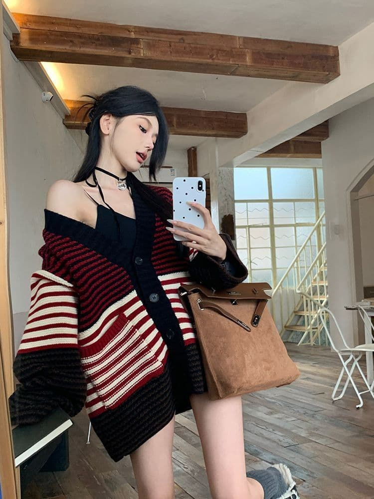 2026 새로운 레트로 앤 코라 빨간색 스트라이프 오픈 가디건 스웨터 여자 느긋한 바람 루즈핏 니트 스웨터 긴팔 재킷 상세 이미지 15