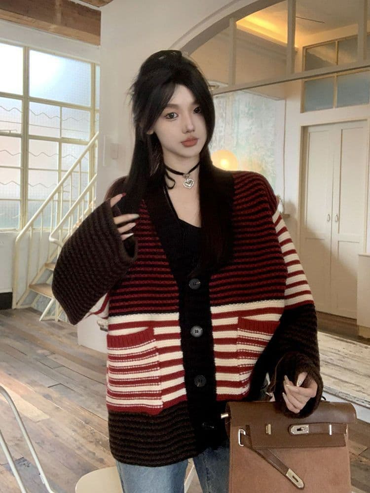 2026 새로운 레트로 앤 코라 빨간색 스트라이프 오픈 가디건 스웨터 여자 느긋한 바람 루즈핏 니트 스웨터 긴팔 재킷 상세 이미지 16