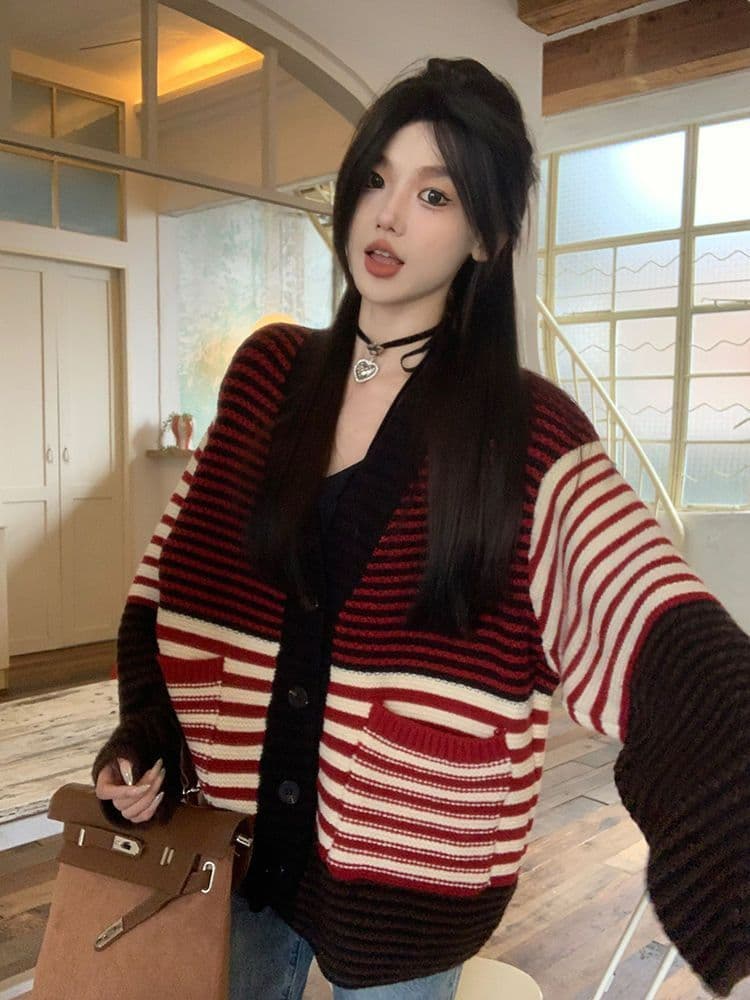 2026 새로운 레트로 앤 코라 빨간색 스트라이프 오픈 가디건 스웨터 여자 느긋한 바람 루즈핏 니트 스웨터 긴팔 재킷 상세 이미지 17