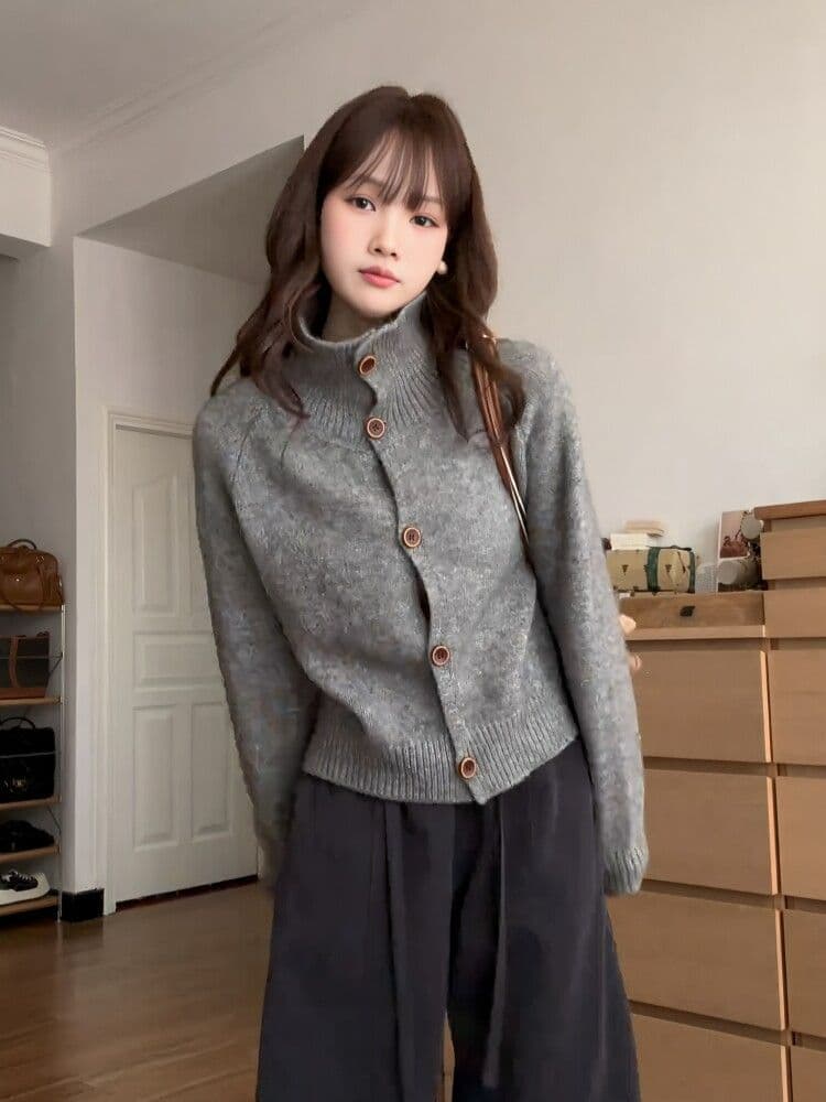 고급 센스 한 부서 레트로 품격 느긋한 바람 터틀넥 스웨터 코트 가을 섹션 다용도 부드러운 찹쌀 니트 오픈 가디건 여성 상세 이미지 3