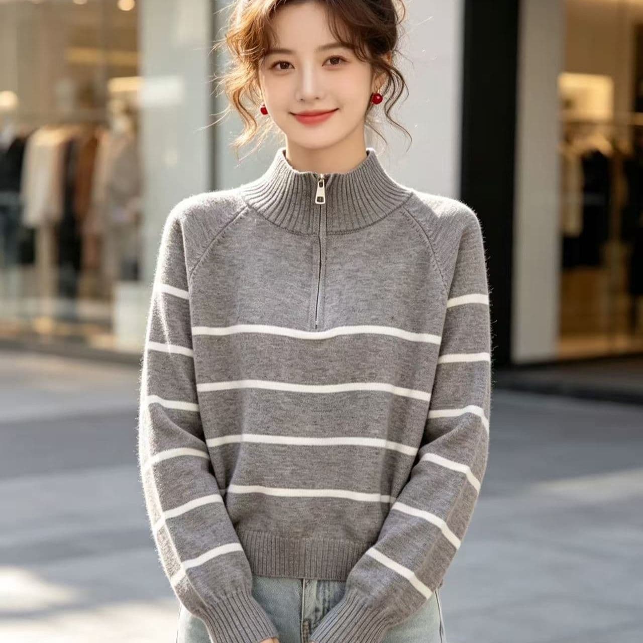 2026 가을 한 부서 반하이넥 지퍼 배색 스트라이프 다용도 풀오버 긴팔