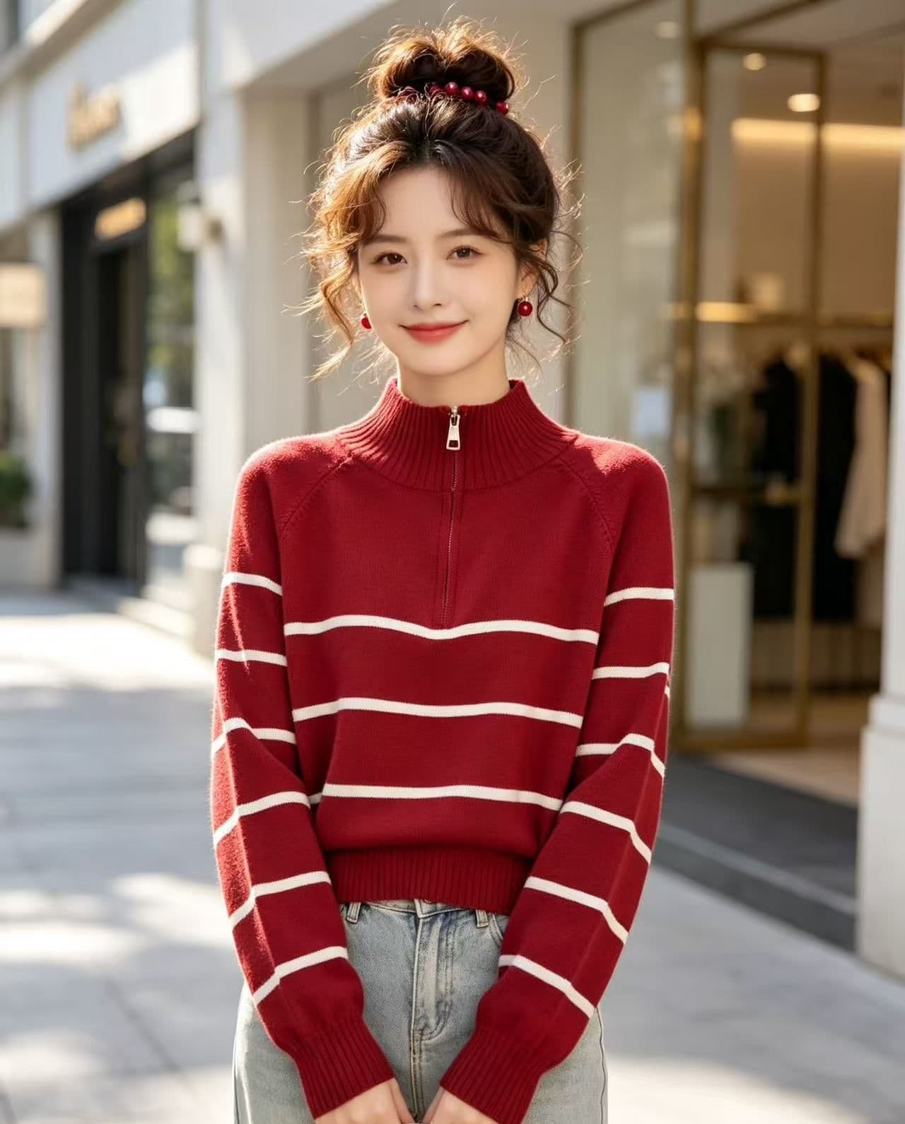 2026 가을 한 부서 반하이넥 지퍼 배색 스트라이프 다용도 풀오버 긴팔 이미지 4