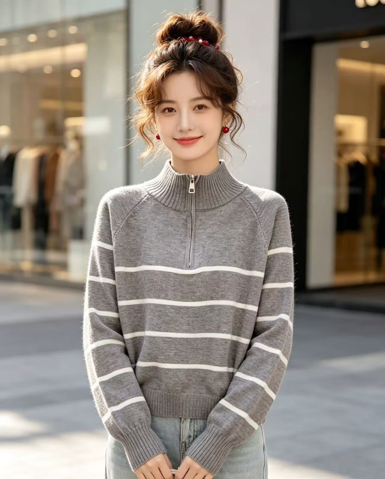 2026 가을 한 부서 반하이넥 지퍼 배색 스트라이프 다용도 풀오버 긴팔 상세 이미지 3