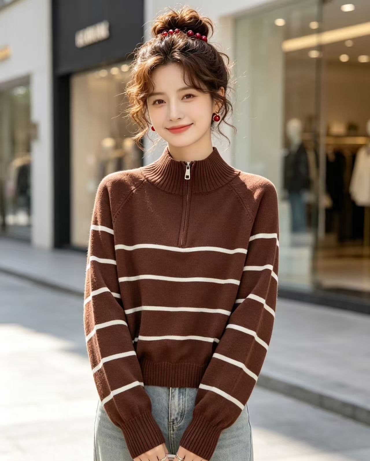 2026 가을 한 부서 반하이넥 지퍼 배색 스트라이프 다용도 풀오버 긴팔 상세 이미지 4