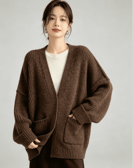 가을 겨울 새로운 프랑스식 레트로 V넥 분위기 센스 니트 오픈 가디건 루즈핏 느긋한 캐주얼 양 털털 외투 상세 이미지 5