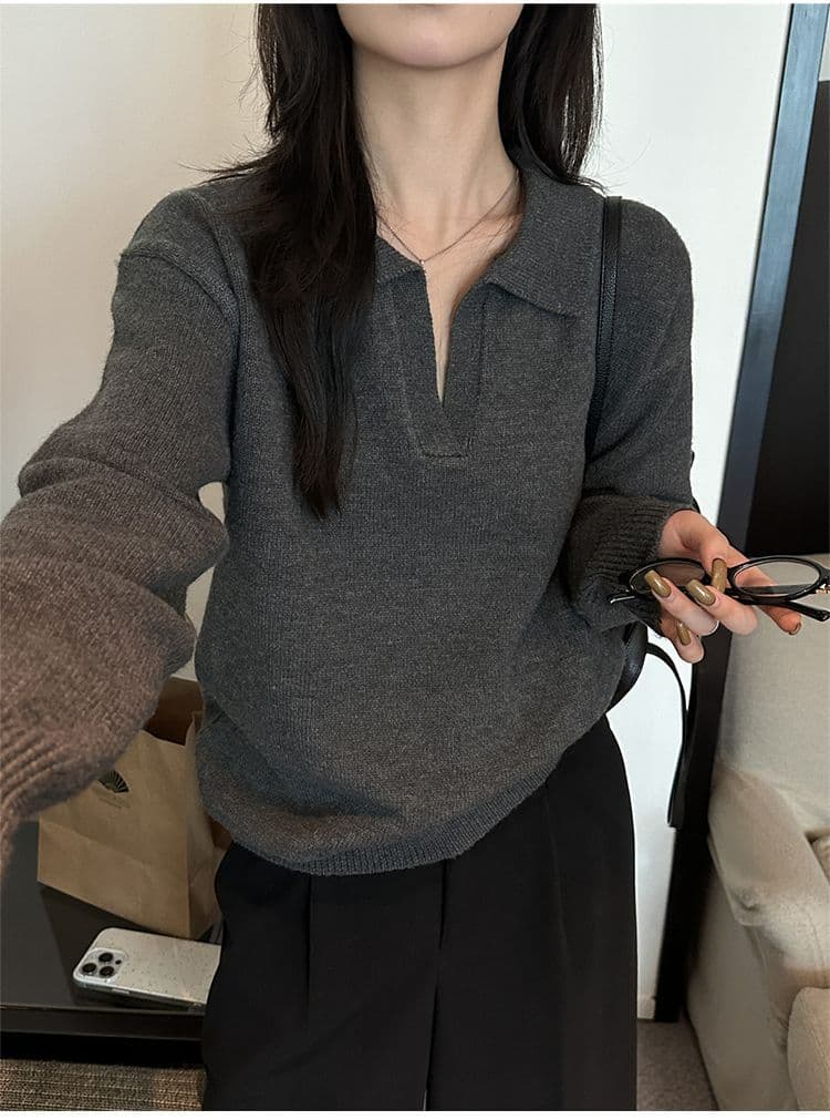 회색 폴로 칼라 스웨터 여자 인사이드 가져 가라. 니트 스웨터 2026 가을 새로운 느긋한 바람 polo 기본 셔츠 한 첨부 된 의류 상세 이미지 10
