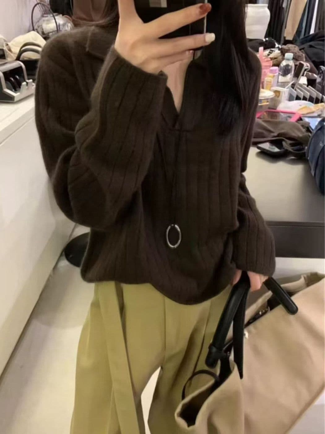 프랑스식 POLO 칼라 스웨터 가을 겨울 새로운 루즈핏 스웨터 레트로 폴로 칼라 니트 긴 소매 맨위 만나는 니트 스웨터 이미지 2