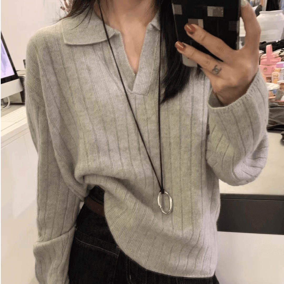 프랑스식 POLO 칼라 스웨터 가을 겨울 새로운 루즈핏 스웨터 레트로 폴로 칼라 니트 긴 소매 맨위 만나는 니트 스웨터