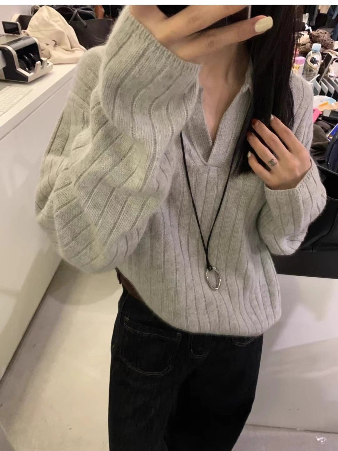 프랑스식 POLO 칼라 스웨터 가을 겨울 새로운 루즈핏 스웨터 레트로 폴로 칼라 니트 긴 소매 맨위 만나는 니트 스웨터 상세 이미지 2