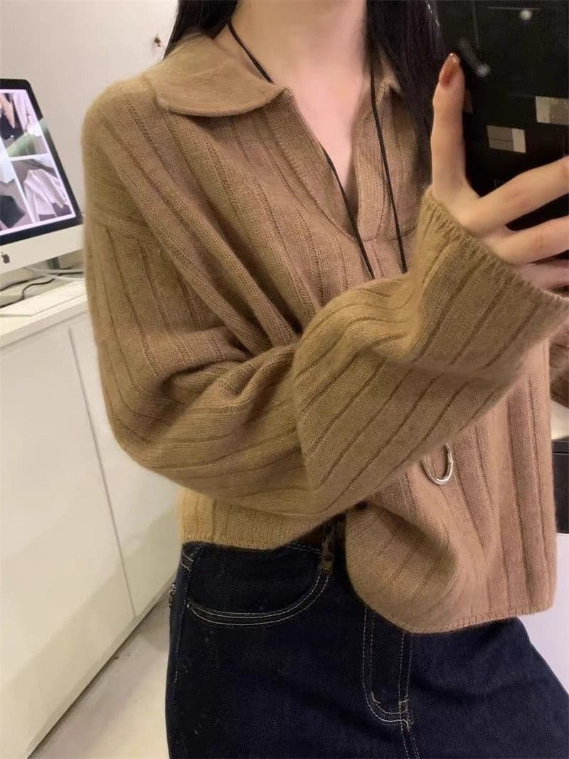 프랑스식 POLO 칼라 스웨터 가을 겨울 새로운 루즈핏 스웨터 레트로 폴로 칼라 니트 긴 소매 맨위 만나는 니트 스웨터 상세 이미지 9