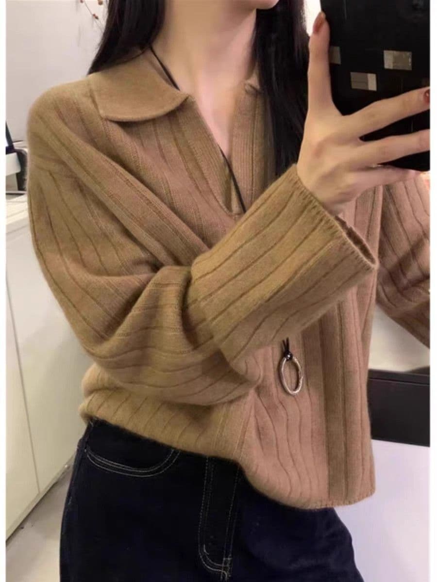 프랑스식 POLO 칼라 스웨터 가을 겨울 새로운 루즈핏 스웨터 레트로 폴로 칼라 니트 긴 소매 맨위 만나는 니트 스웨터 상세 이미지 14