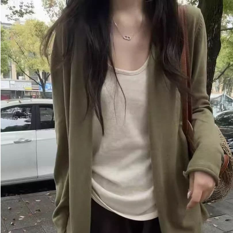 느긋한 바람 녹색 니트 오픈 가디건 여성 가을 새로운 부드러운 찹쌀 루즈핏 다용도 긴팔 느슨함 센스 재킷 맨위