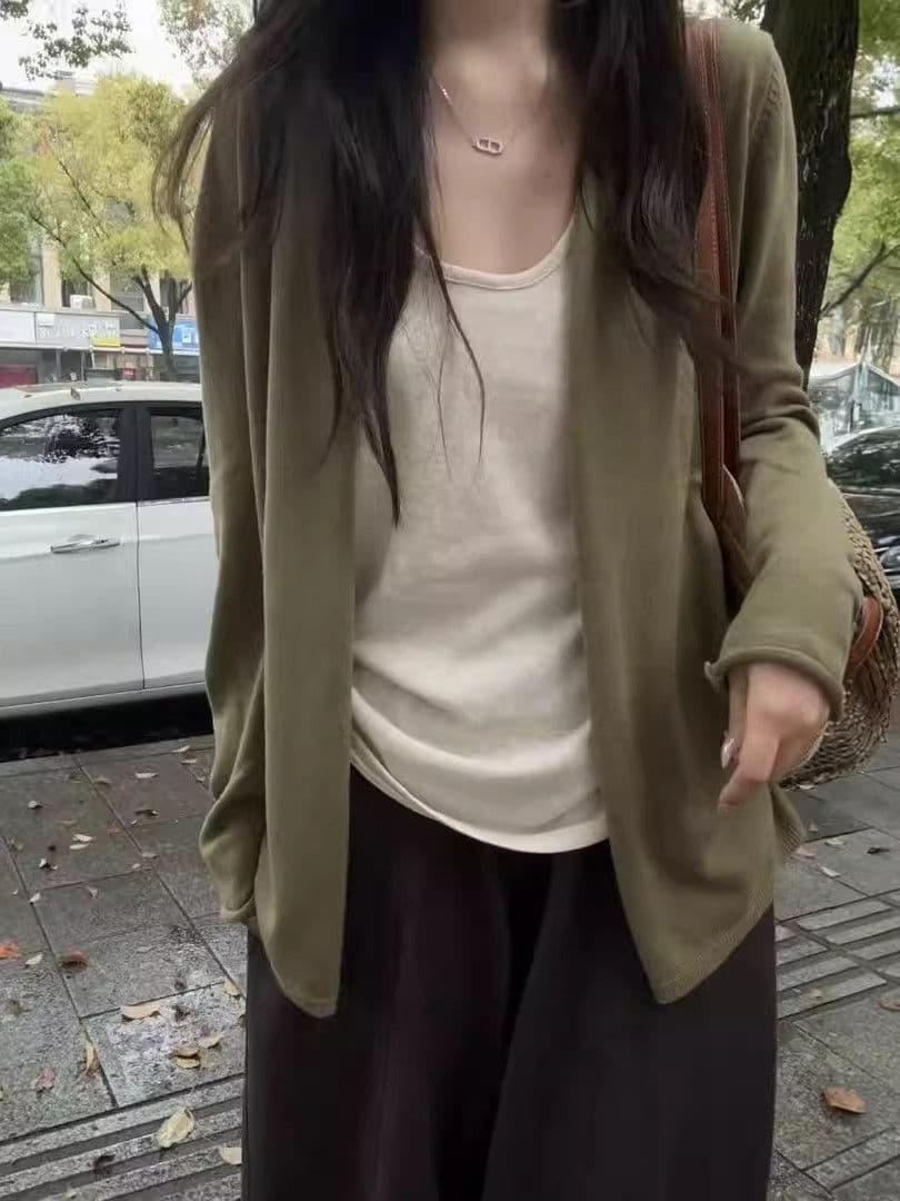 느긋한 바람 녹색 니트 오픈 가디건 여성 가을 새로운 부드러운 찹쌀 루즈핏 다용도 긴팔 느슨함 센스 재킷 맨위 상세 이미지 2