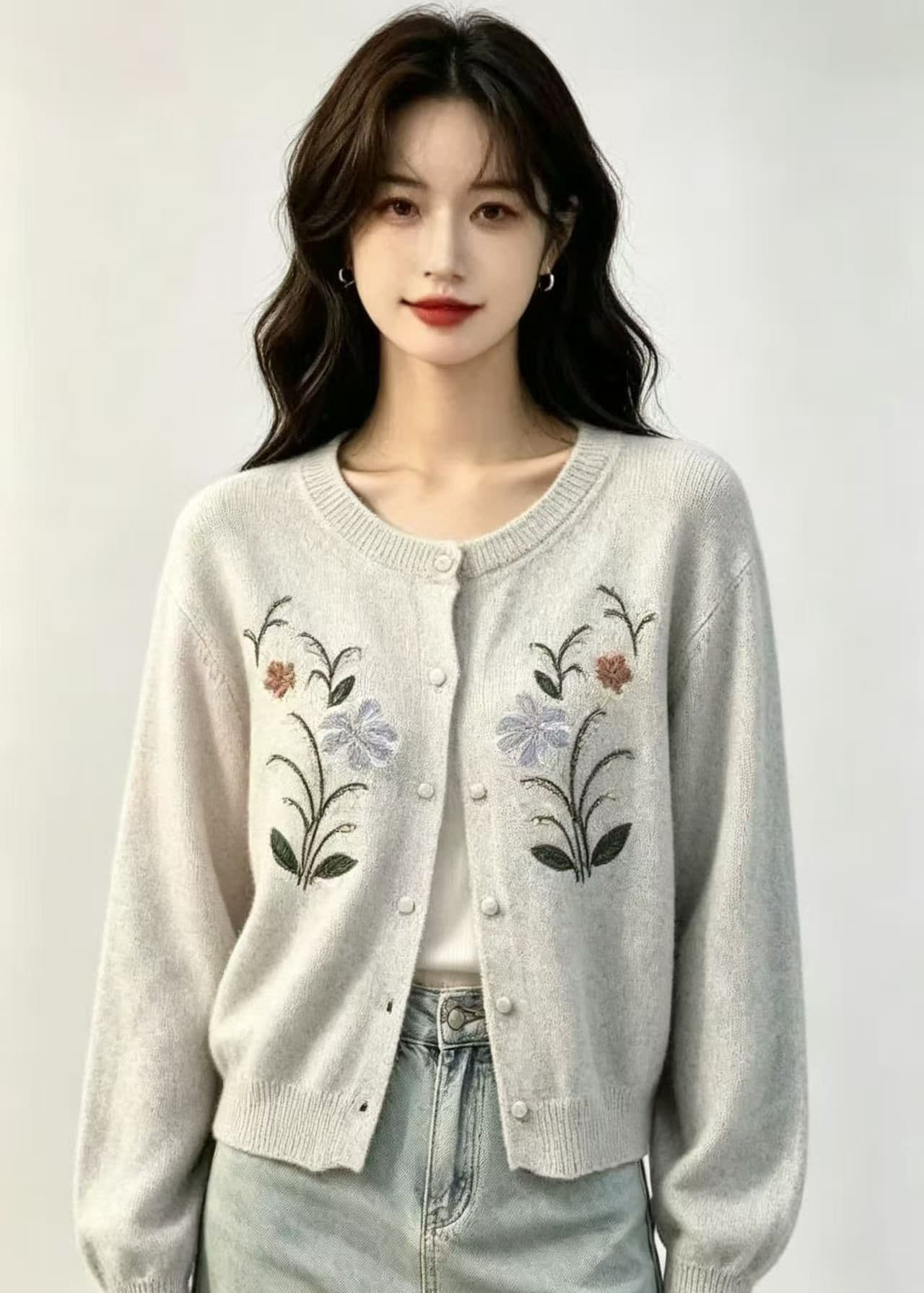 2026 가을 패션 디자인 센스 꽃 자수 니트 긴 소매 오픈 가디건 맨위 이미지 4