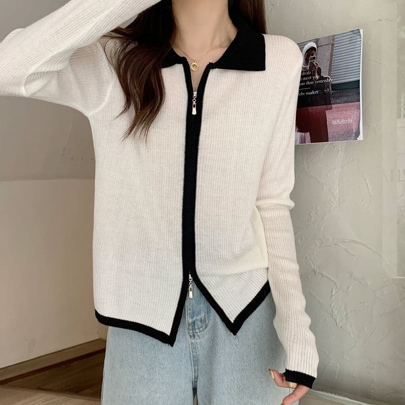 POLO 칼라 배색 니트 지퍼 오픈 가디건 여성 2026 가을 새로운 긴팔 몸매 가꾸기 슬림해 보이는 니트 스웨터 코트 상세 이미지 8