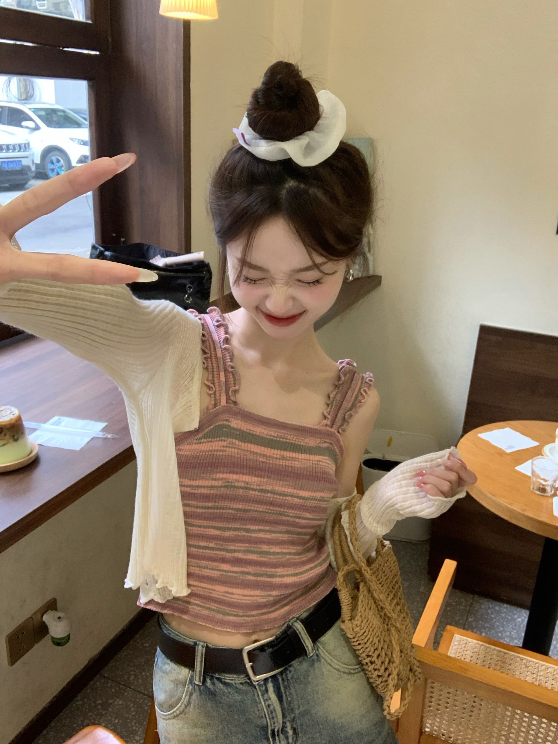 2026 가을 겨울 배색 작은 슬링 조끼 기본 셔츠 얇은 스타일 긴팔 오픈 가디건 쇼트 스타일 니트 작은 셔츠 투피스 세트 상세 이미지 10