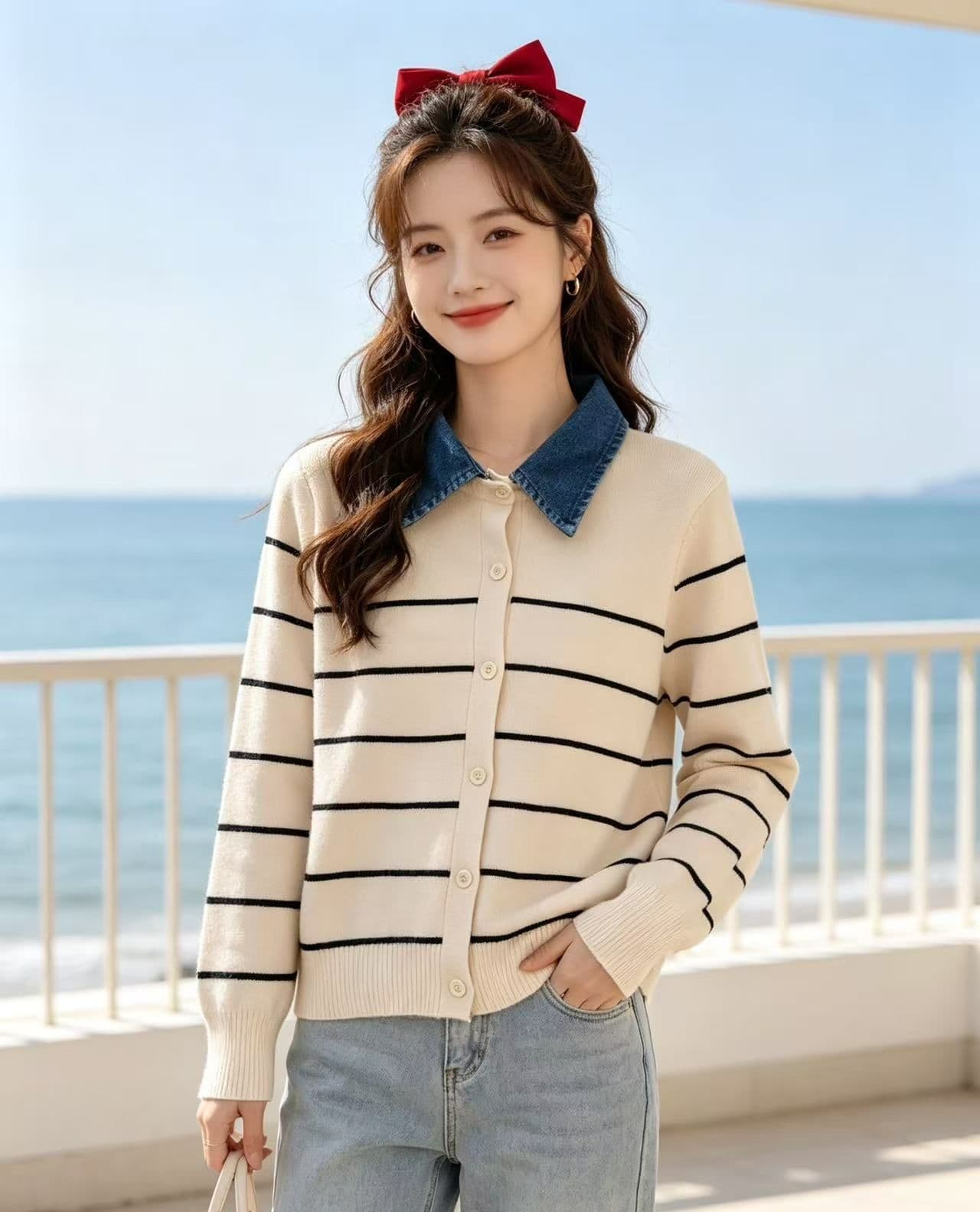 2026 가을 패션 데님 폴로 칼라 패치워크 배색 스트라이프 니트 페이크 레이어드 긴팔 오픈 가디건 이미지 4