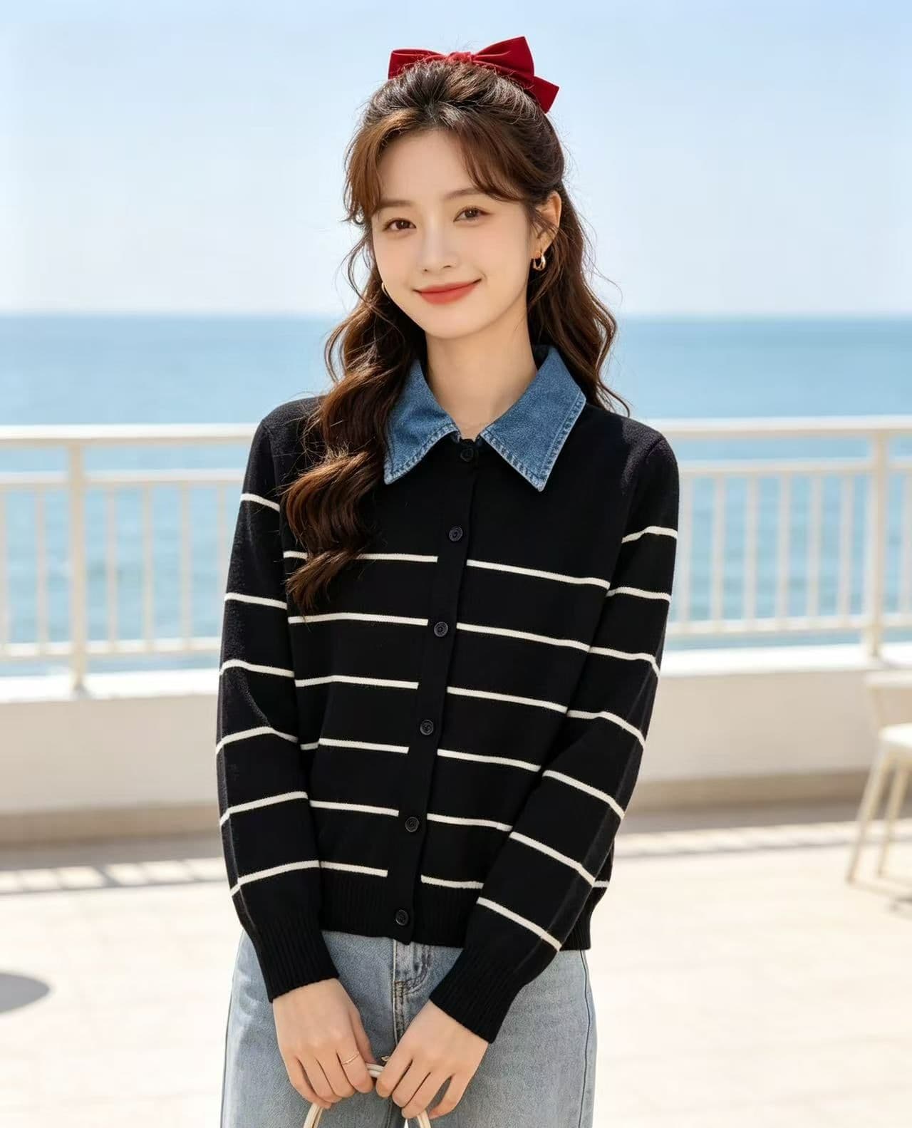 2026 가을 패션 데님 폴로 칼라 패치워크 배색 스트라이프 니트 페이크 레이어드 긴팔 오픈 가디건 이미지 3