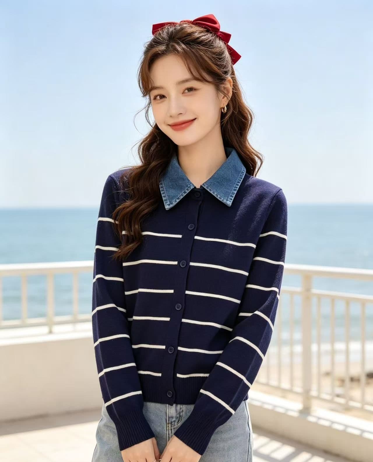 2026 가을 패션 데님 폴로 칼라 패치워크 배색 스트라이프 니트 페이크 레이어드 긴팔 오픈 가디건 상세 이미지 6