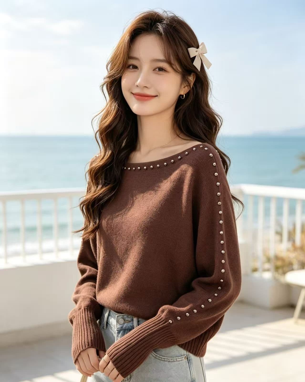 2026 년 가을 새로운 한국 스타일 부드러운 바람 비스듬한 어깨 보트넥 비즈 박기 벌룬 소매 니트 루즈핏 가지마 의류 이미지 4