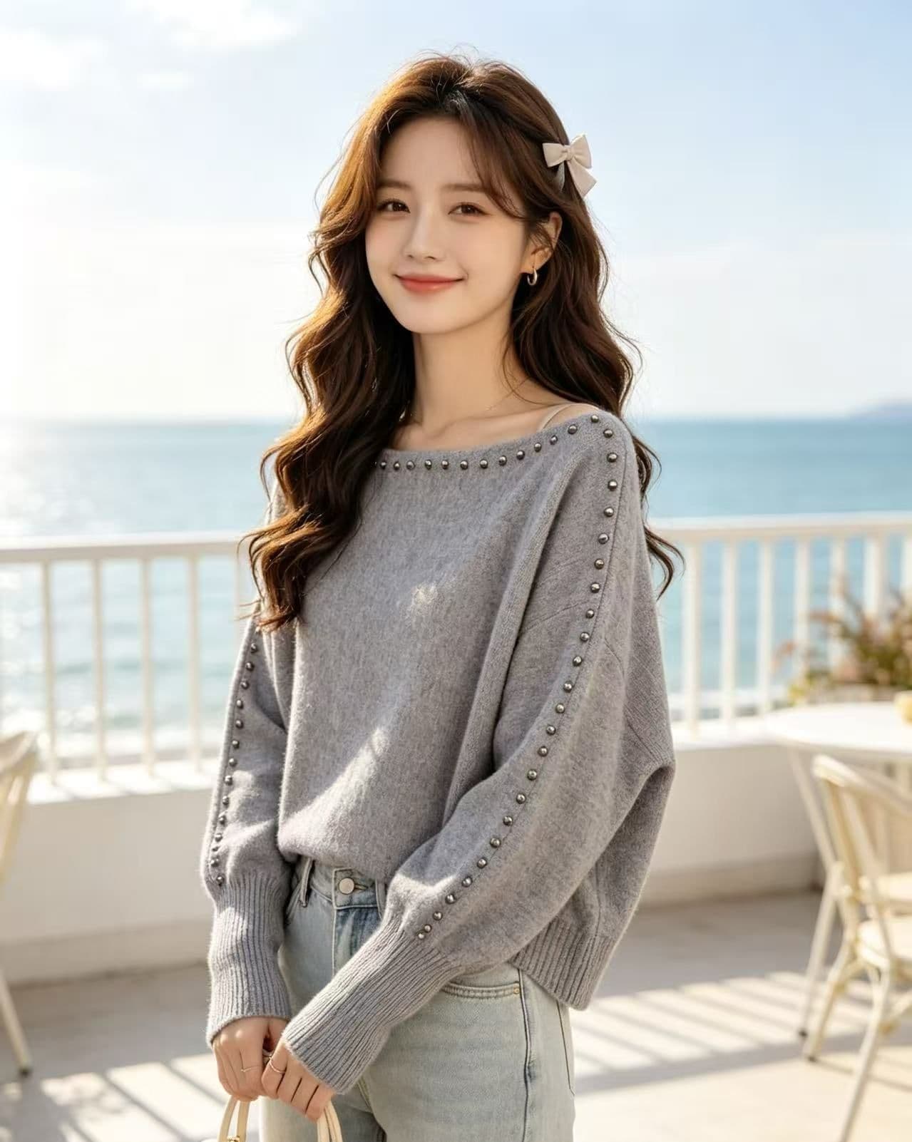 2026 년 가을 새로운 한국 스타일 부드러운 바람 비스듬한 어깨 보트넥 비즈 박기 벌룬 소매 니트 루즈핏 가지마 의류 상세 이미지 2