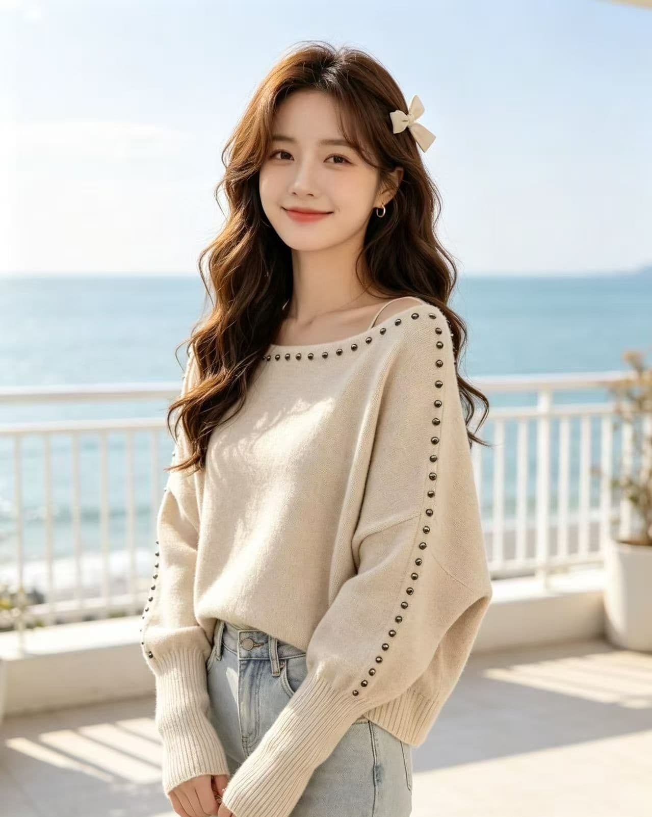 2026 년 가을 새로운 한국 스타일 부드러운 바람 비스듬한 어깨 보트넥 비즈 박기 벌룬 소매 니트 루즈핏 가지마 의류 상세 이미지 3