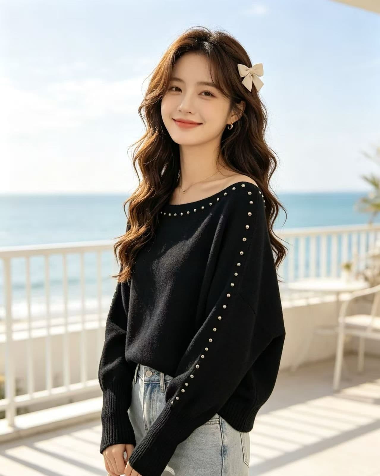 2026 년 가을 새로운 한국 스타일 부드러운 바람 비스듬한 어깨 보트넥 비즈 박기 벌룬 소매 니트 루즈핏 가지마 의류 상세 이미지 6