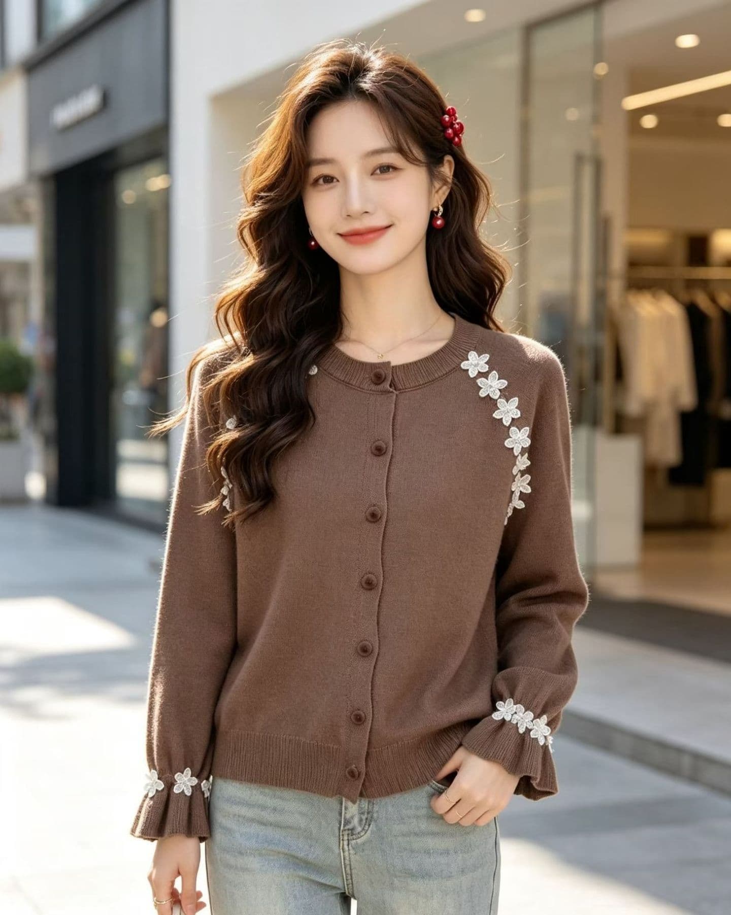 2026 달콤함 연령 감소 라운드 넥 3 차원 꽃 장식 긴팔 오픈 가디건 이미지 2