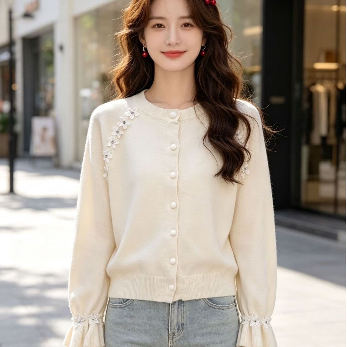 2026 달콤함 연령 감소 라운드 넥 3 차원 꽃 장식 긴팔 오픈 가디건
