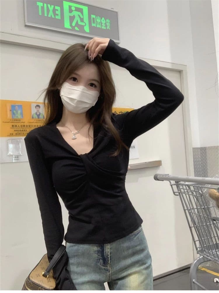 1 1 모달 260 그램 검정색 긍정적 인 어깨 긴팔 티셔츠 네클라인 비틀림 몸매 가꾸기 허리 수축 슬림해 보이는 V넥 맨위 상세 이미지 3