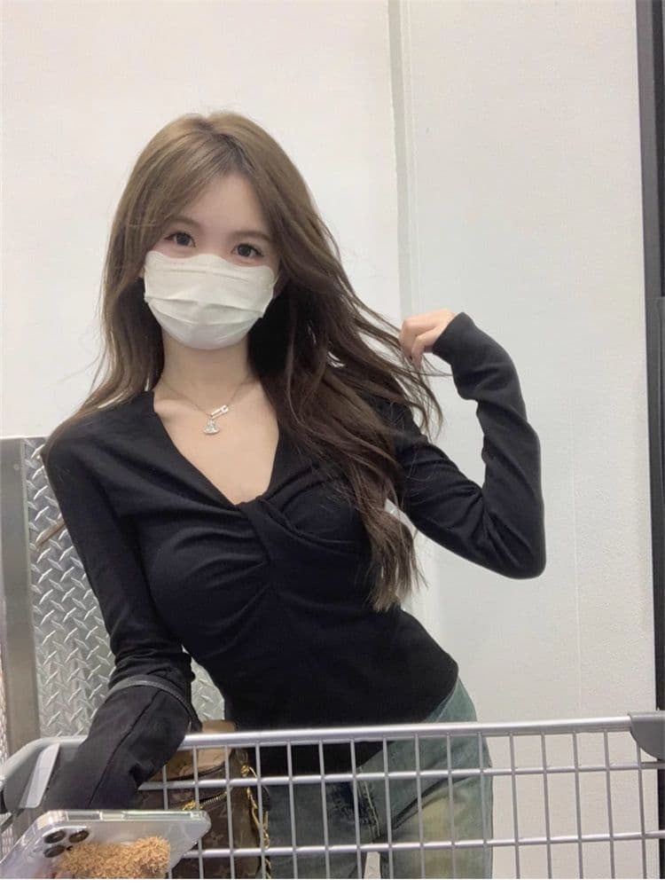 1 1 모달 260 그램 검정색 긍정적 인 어깨 긴팔 티셔츠 네클라인 비틀림 몸매 가꾸기 허리 수축 슬림해 보이는 V넥 맨위 상세 이미지 5