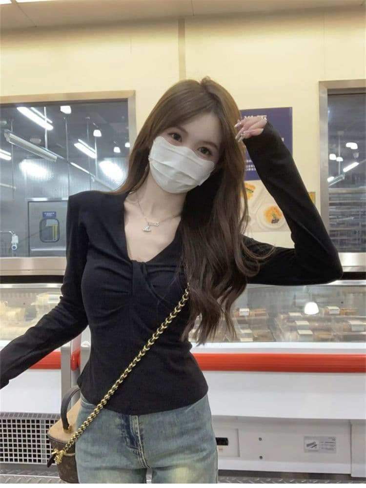 1 1 모달 260 그램 검정색 긍정적 인 어깨 긴팔 티셔츠 네클라인 비틀림 몸매 가꾸기 허리 수축 슬림해 보이는 V넥 맨위 상세 이미지 6