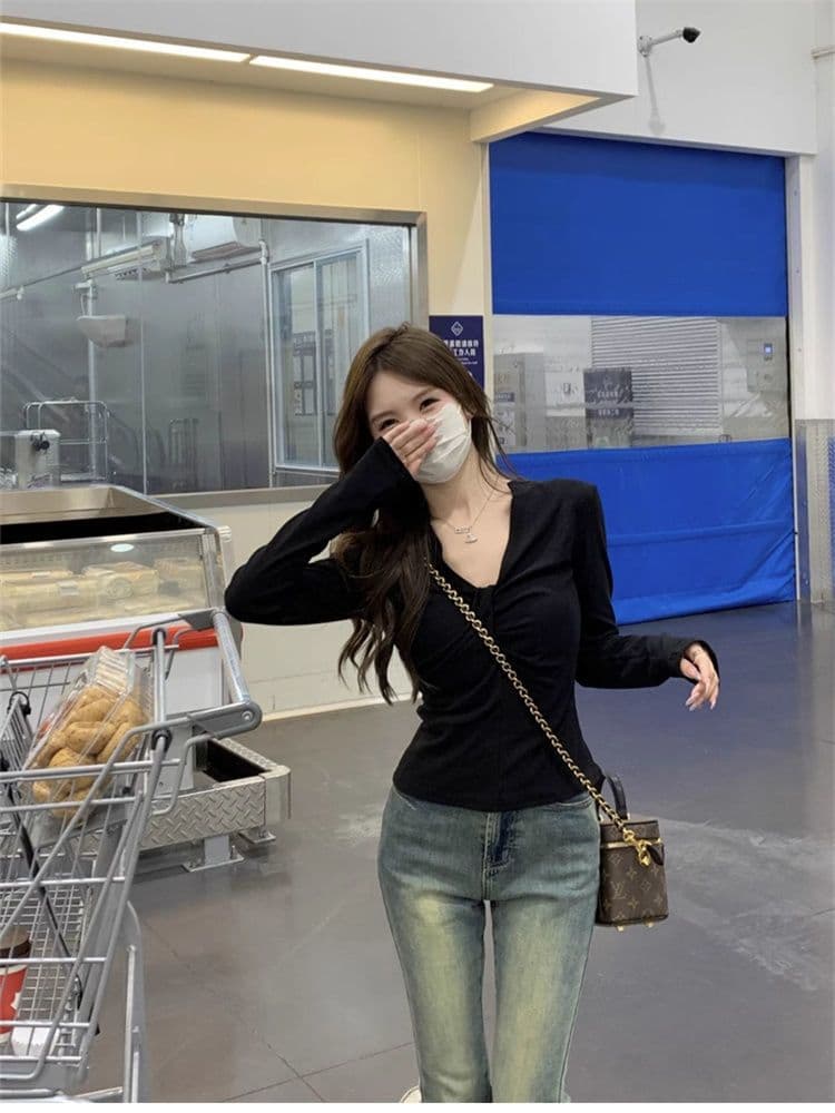 1 1 모달 260 그램 검정색 긍정적 인 어깨 긴팔 티셔츠 네클라인 비틀림 몸매 가꾸기 허리 수축 슬림해 보이는 V넥 맨위 상세 이미지 7