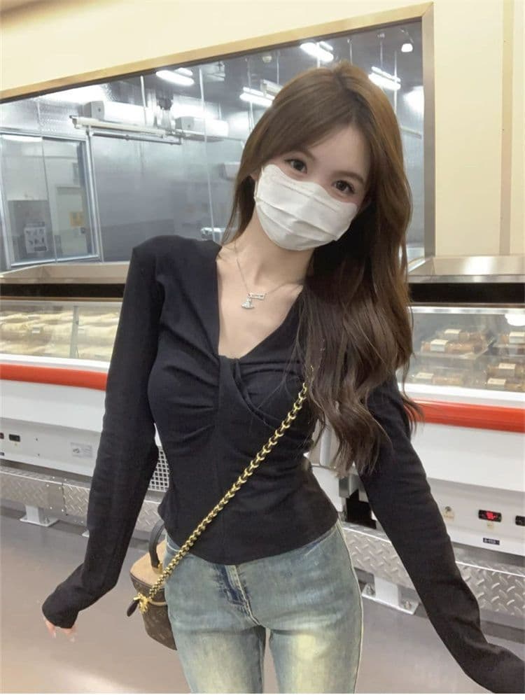 1 1 모달 260 그램 검정색 긍정적 인 어깨 긴팔 티셔츠 네클라인 비틀림 몸매 가꾸기 허리 수축 슬림해 보이는 V넥 맨위 상세 이미지 10