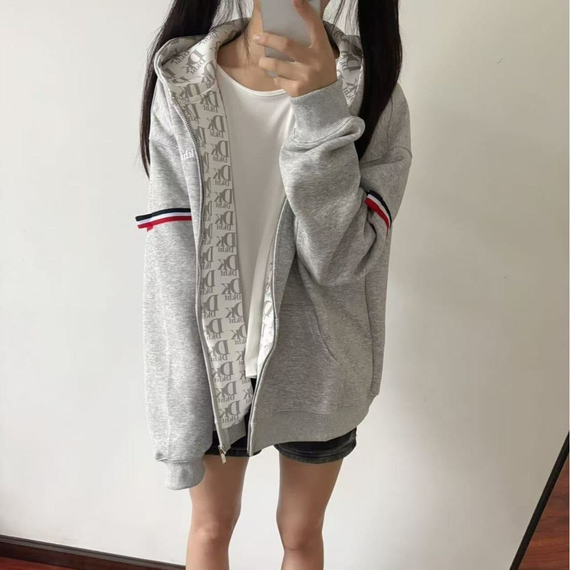 얇은 스타일 백금 지퍼 인사이드 펌프 이후 패키지 칼라 순수한 Mianhua 면 복합 후드티 여성 이미지 5