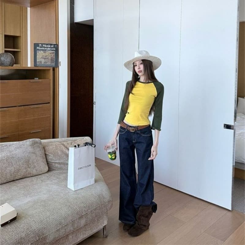 40 순면 삽입 어깨 소매 패치워크 색상 7부 소매 티셔츠 여성 가을 아메리칸 레트로 몸매 가꾸기 느긋한 바람 라운드 넥 맨위 이미지 5