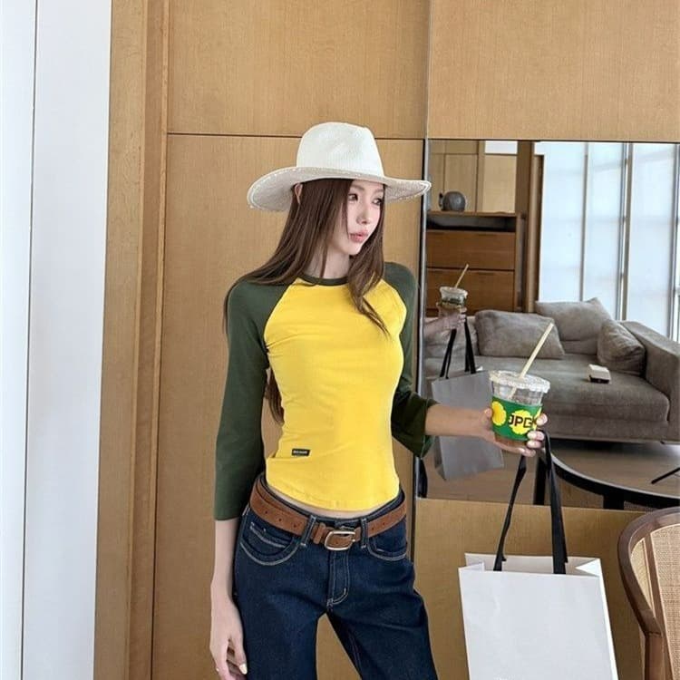 40 순면 삽입 어깨 소매 패치워크 색상 7부 소매 티셔츠 여성 가을 아메리칸 레트로 몸매 가꾸기 느긋한 바람 라운드 넥 맨위 이미지 4