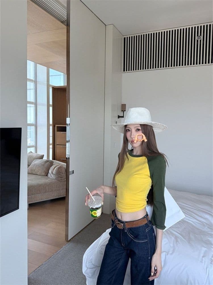 40 순면 삽입 어깨 소매 패치워크 색상 7부 소매 티셔츠 여성 가을 아메리칸 레트로 몸매 가꾸기 느긋한 바람 라운드 넥 맨위 상세 이미지 4