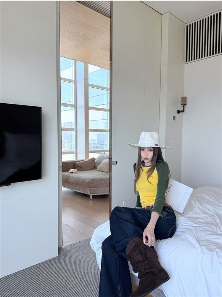 40 순면 삽입 어깨 소매 패치워크 색상 7부 소매 티셔츠 여성 가을 아메리칸 레트로 몸매 가꾸기 느긋한 바람 라운드 넥 맨위 상세 이미지 8
