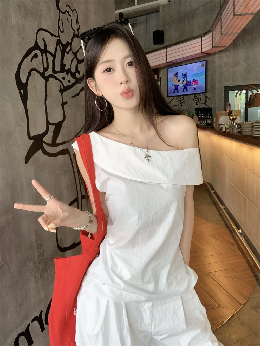 실사 정가 순수한 캐주얼 다용도 패션 작은 대중 디자인 센스 오프숄더 민소매 맨위 바지 상세 이미지 14