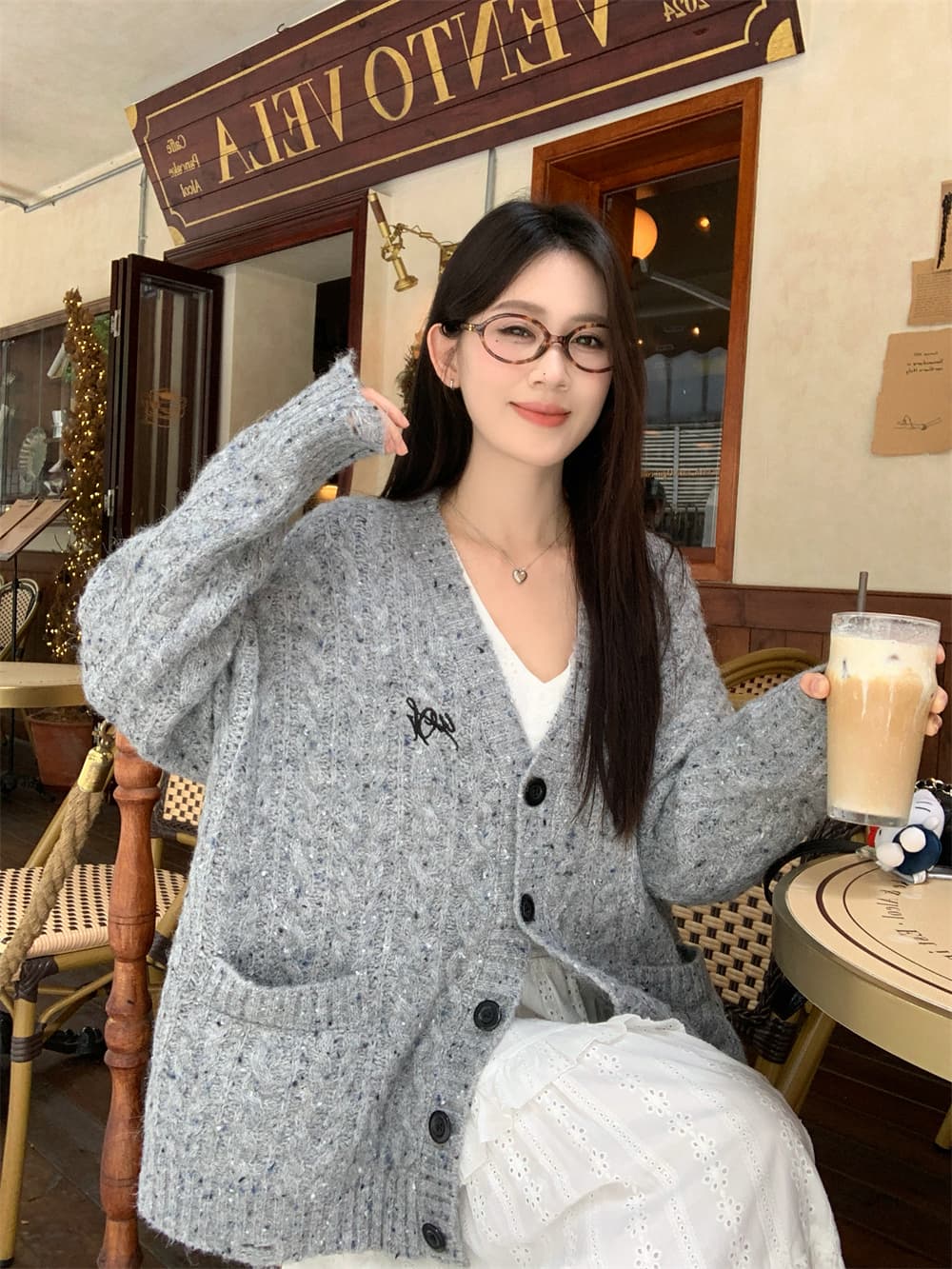 실사 정가 루즈핏 색상 포인트 스웨터 오픈 가디건 여성 코트 회색 느긋한 바람 점프 슈트 롱 스커트 상세 이미지 29