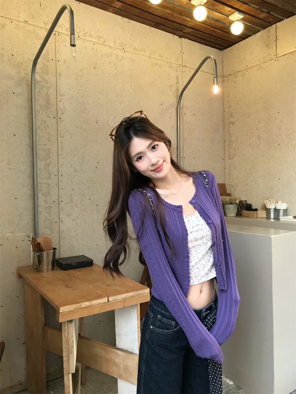 실사 정가 포도 보라색 질감 센스 니트 오픈 가디건 봄 달콤한 핫걸 꽃무늬 캐미솔 투피스 세트 세트 상세 이미지 1