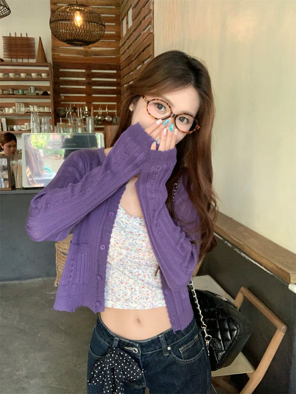실사 정가 포도 보라색 질감 센스 니트 오픈 가디건 봄 달콤한 핫걸 꽃무늬 캐미솔 투피스 세트 세트 상세 이미지 4