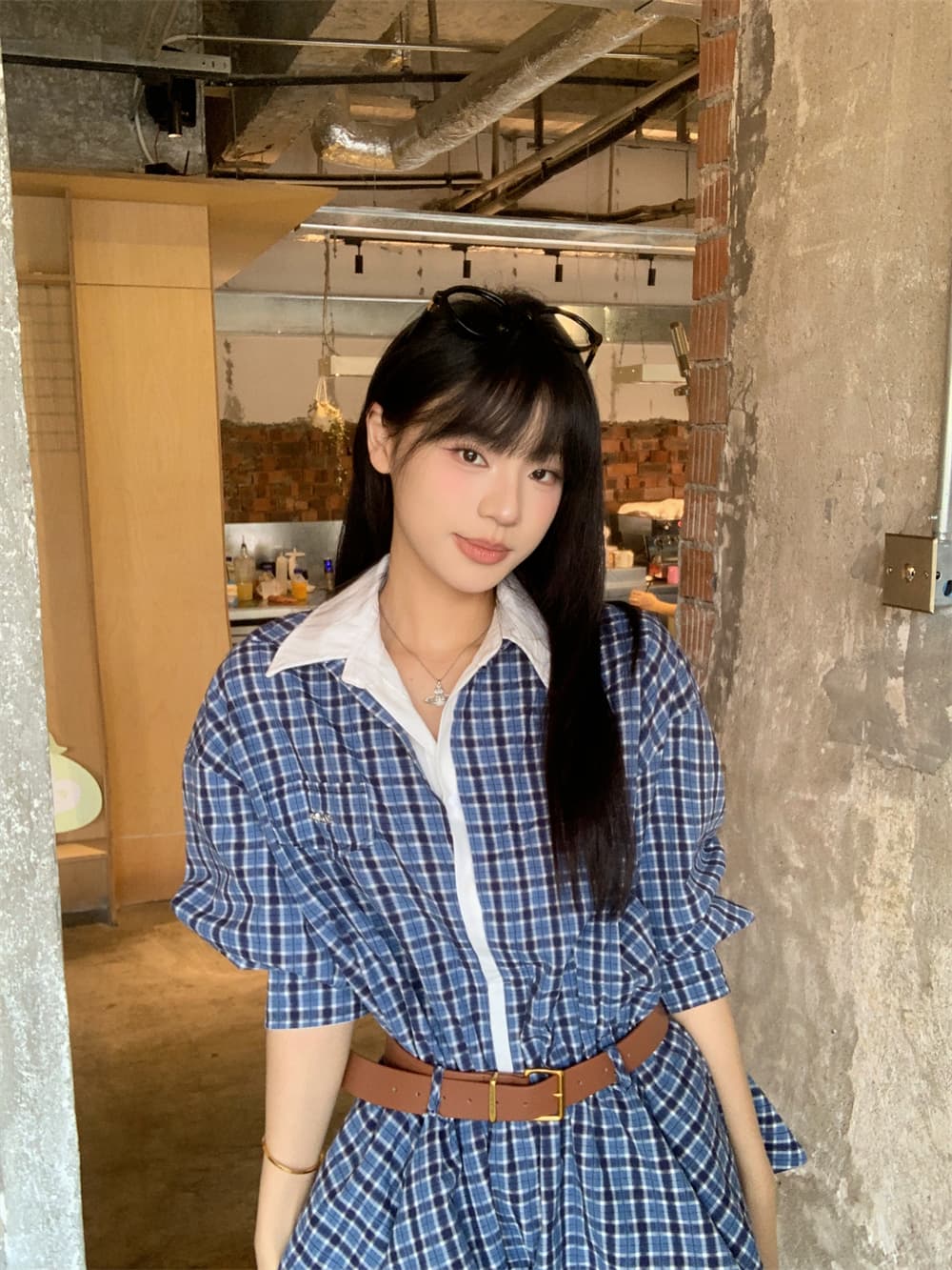 실사 정가 페이크 레이어드 그는 벤 바람 체크무늬 숄 벨트 체크무늬 안전 바지 드레스 사피스 세트 상세 이미지 2