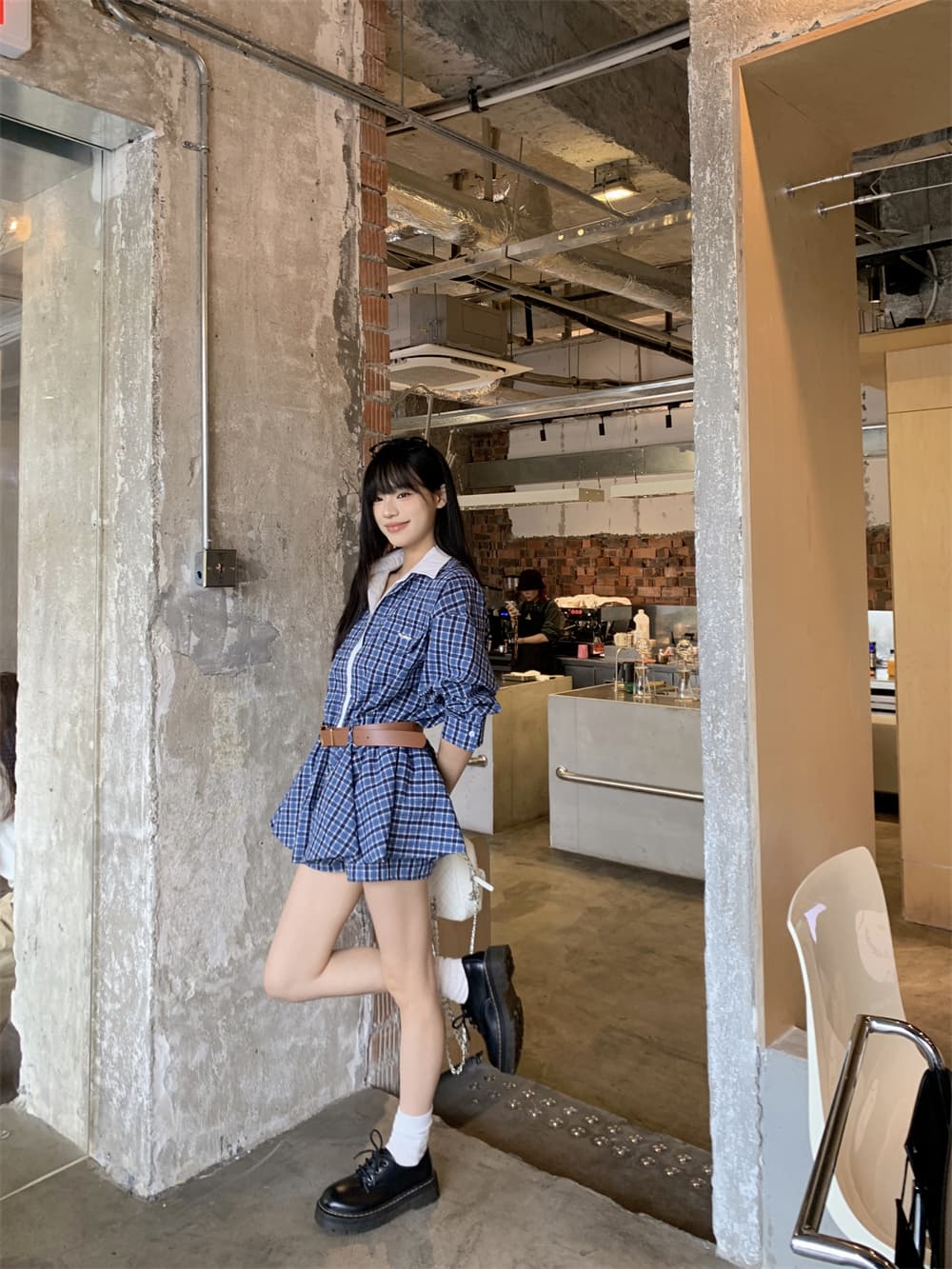 실사 정가 페이크 레이어드 그는 벤 바람 체크무늬 숄 벨트 체크무늬 안전 바지 드레스 사피스 세트 상세 이미지 6